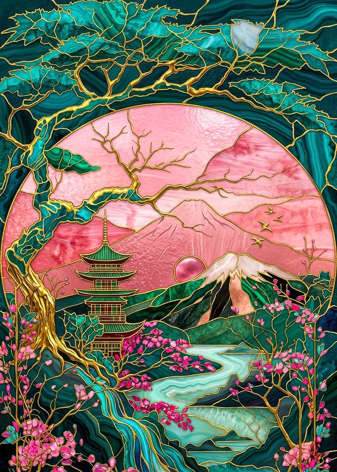 Japanese Stained Glass Landscape