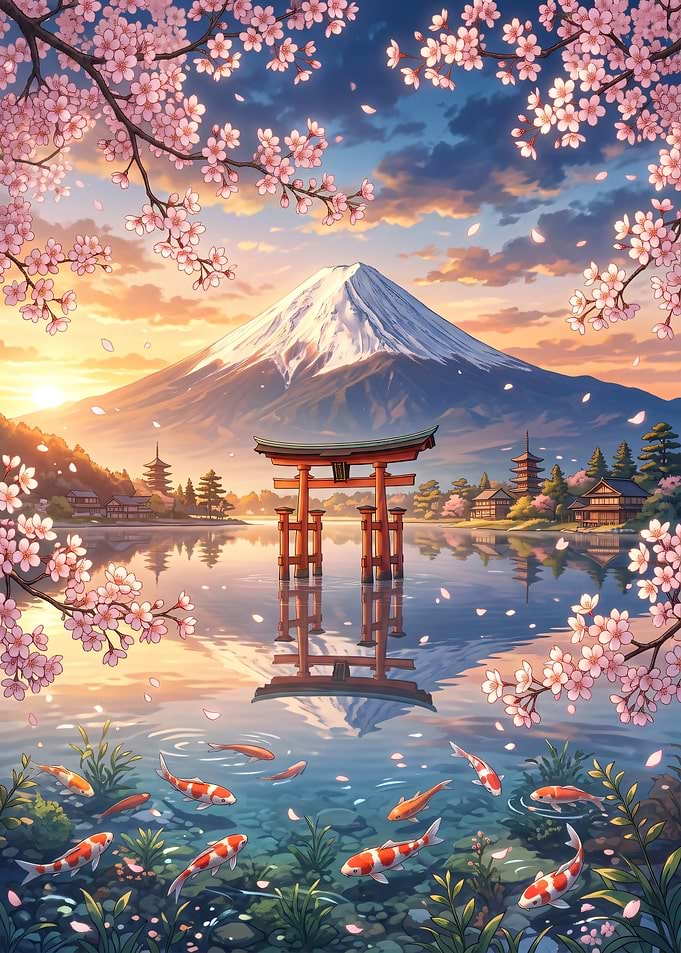 Mount Fuji with Cherry Blossoms and Koi Pond