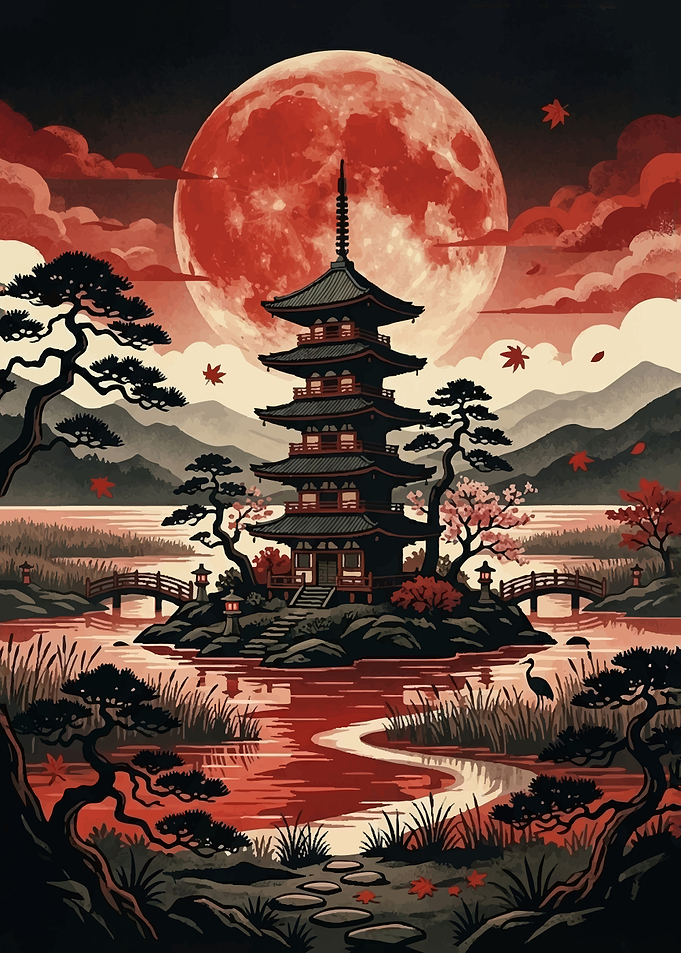 Pagoda under a Blood Moon