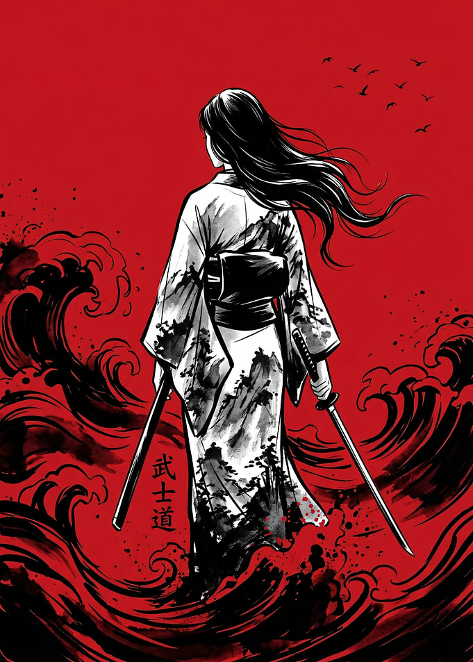 Samurai Woman in Red Waves