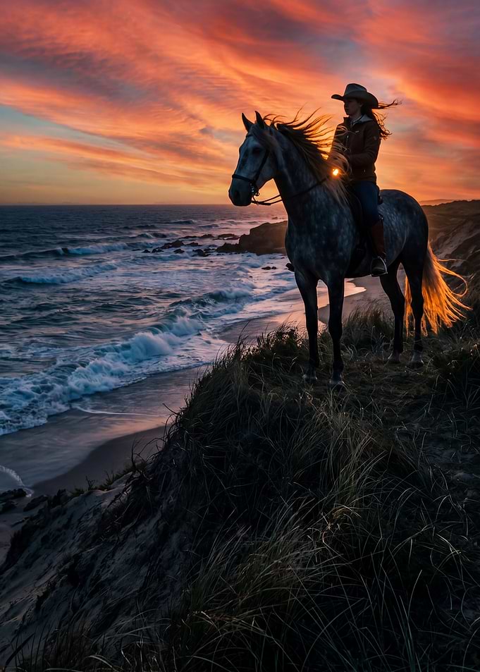 Cowgirl on Horse at Sunset Beach