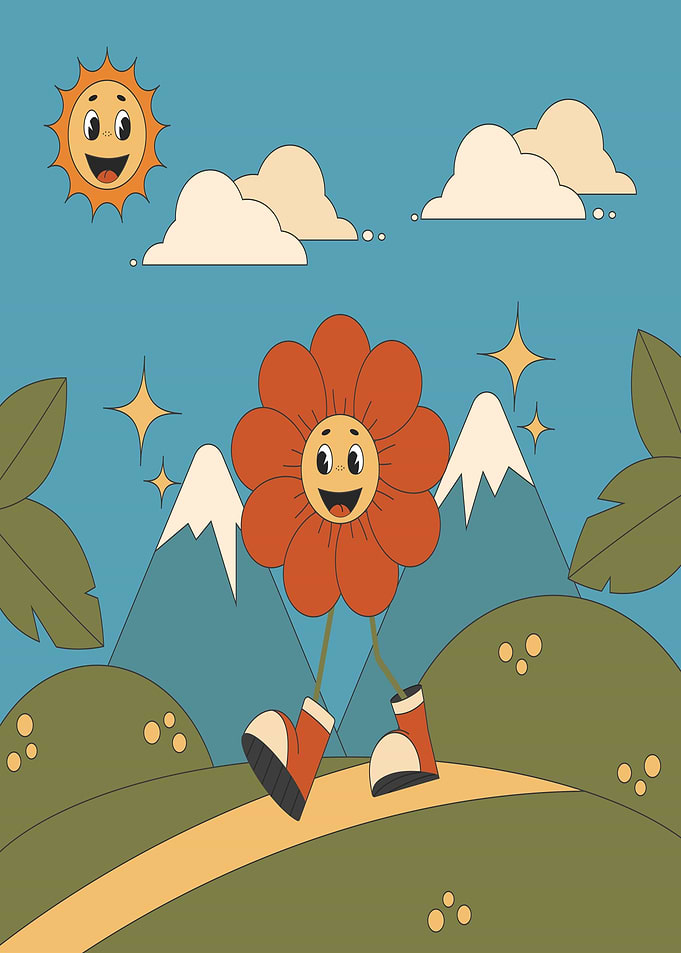 Retro Flower Character Walking in Nature