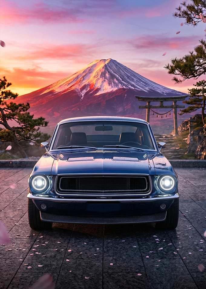 old Classic Car at Mount Fuji in japan