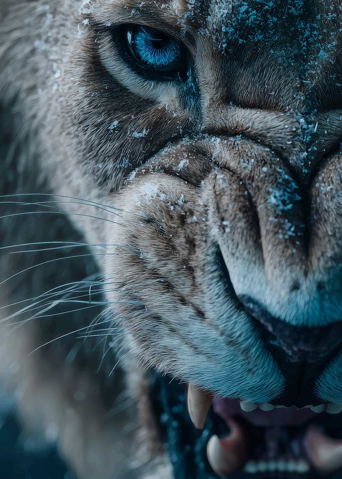 Close-up of a fierce lioness in snow