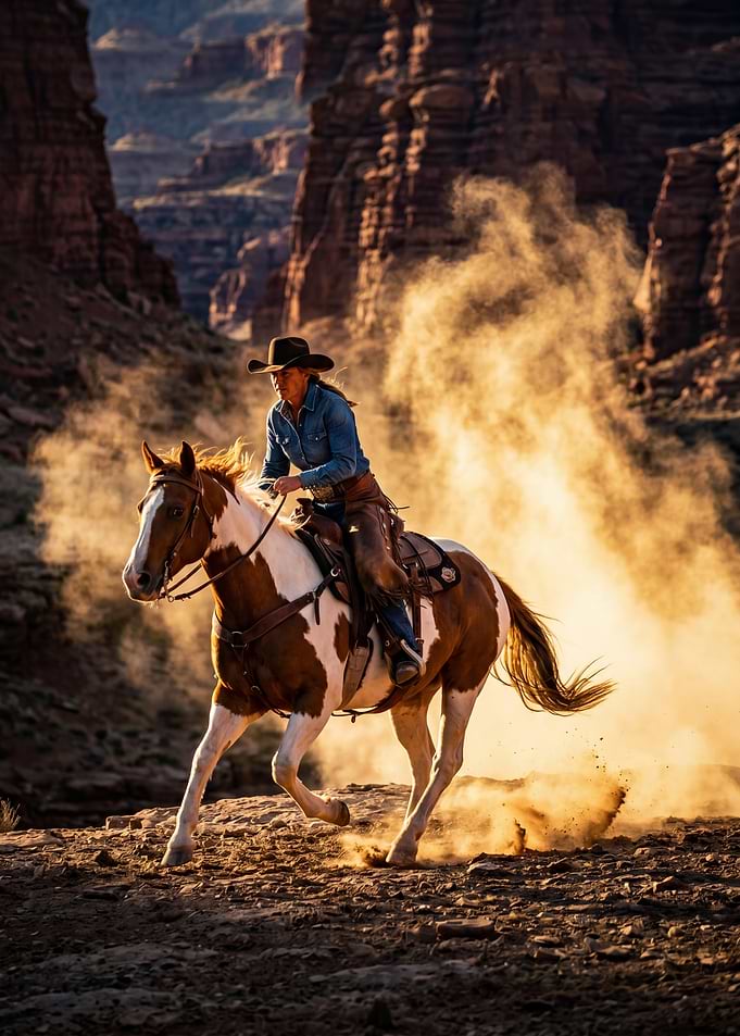 Cowgirl riding a horse in a canyon