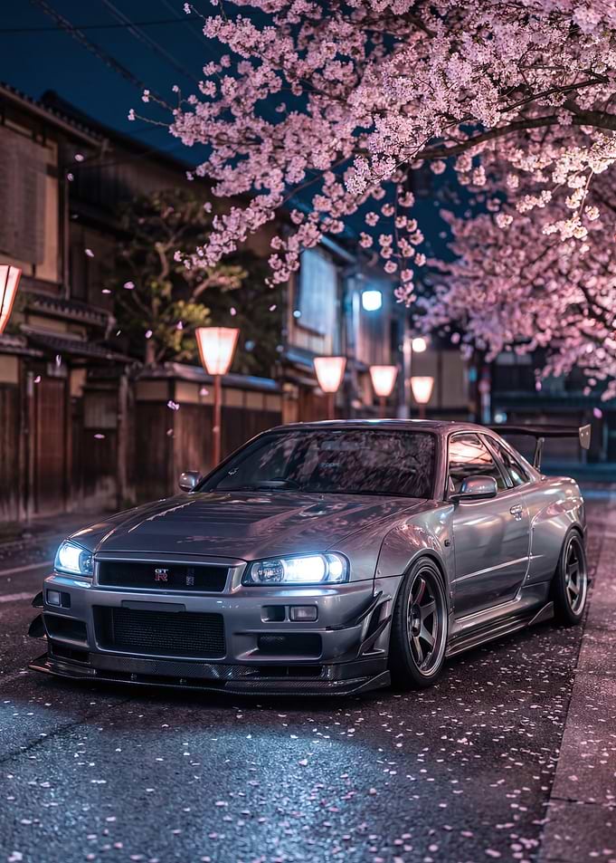 Nissan Skyline R34 under Cherry Blossoms
