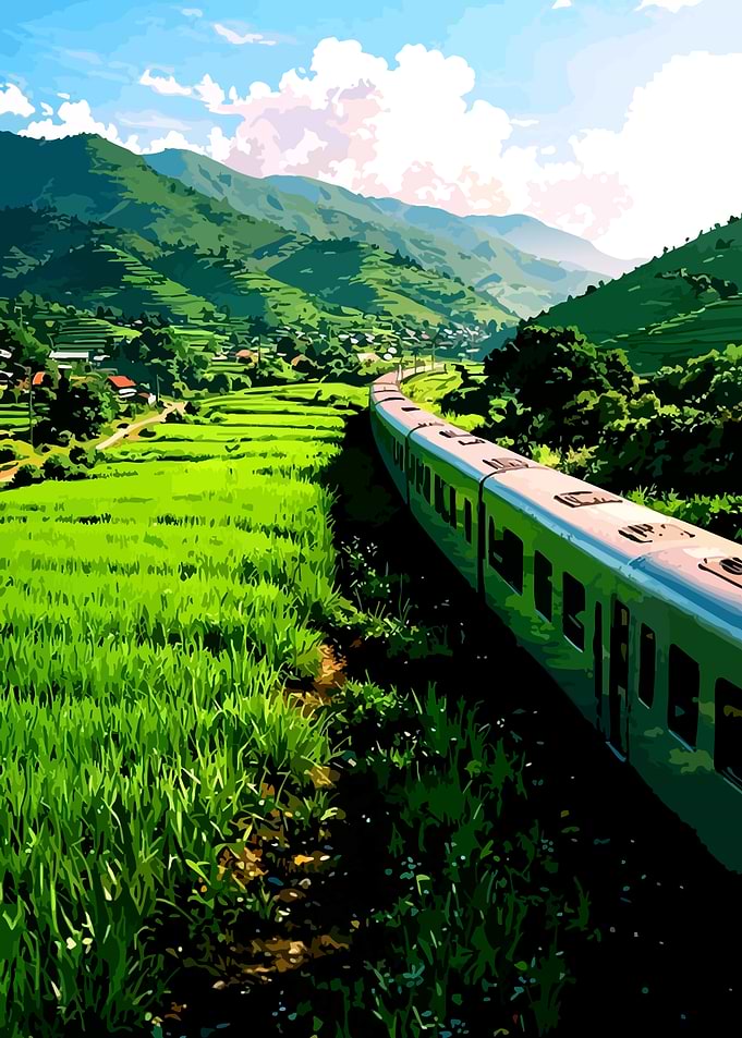 Train journey through lush green mountains