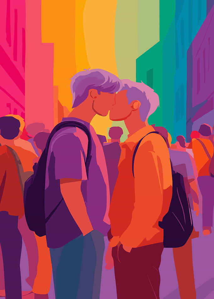 Couple kissing at Pride parade