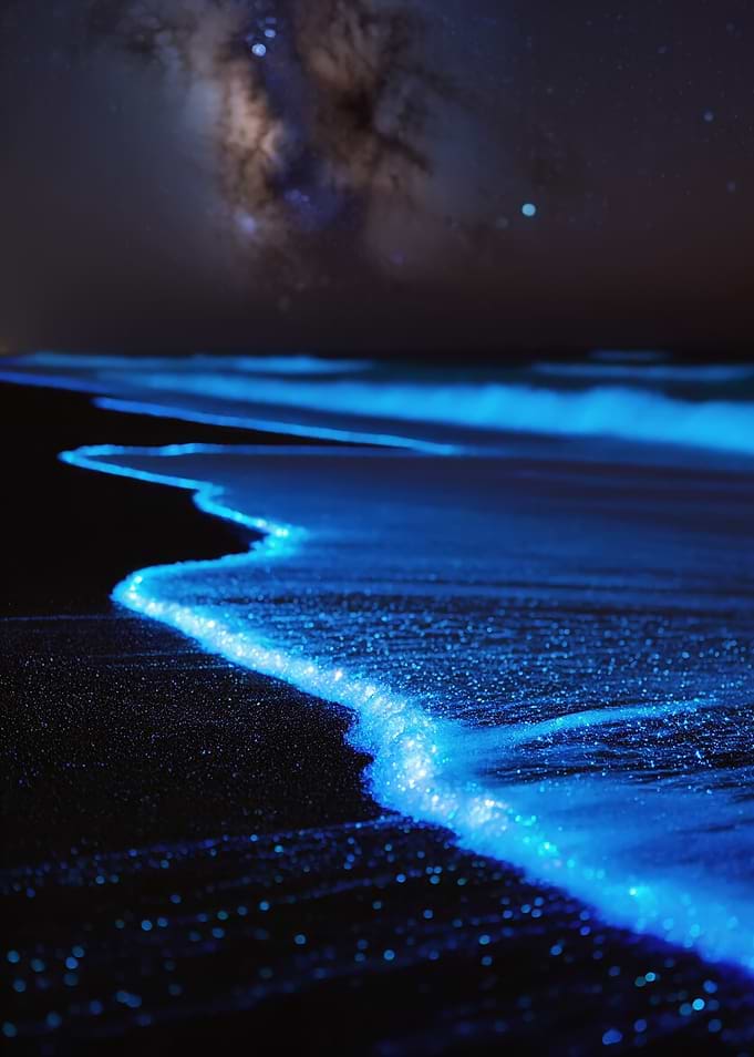 Bioluminescent Waves Under the Milky Way