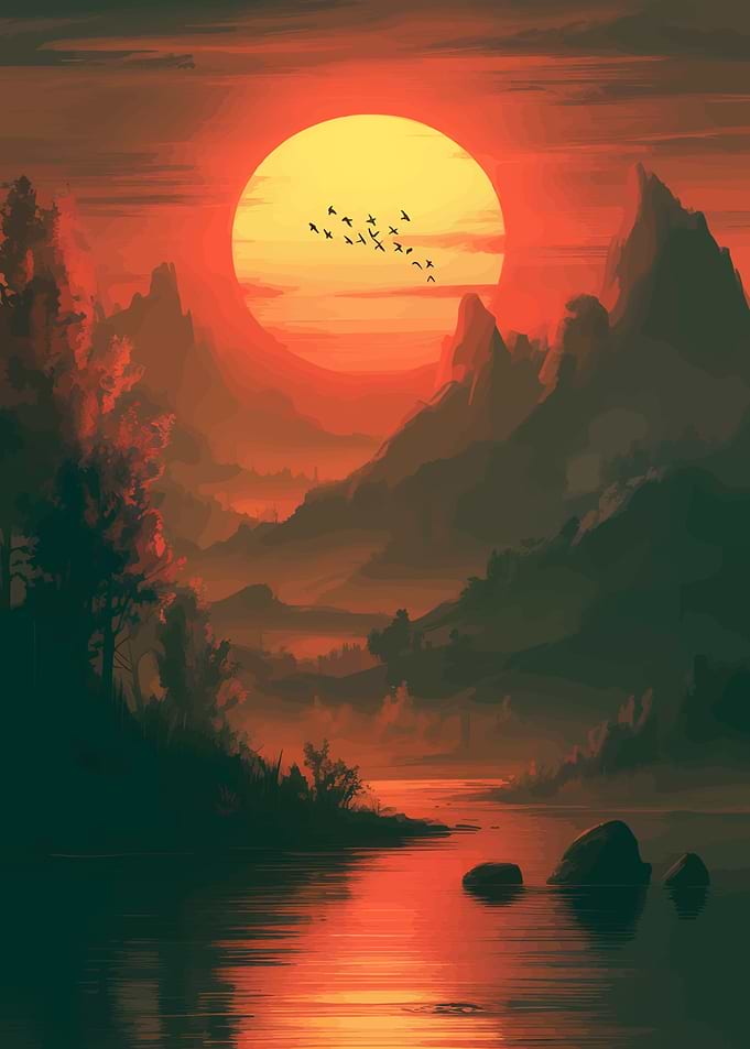 Sunset Over Mountains and River