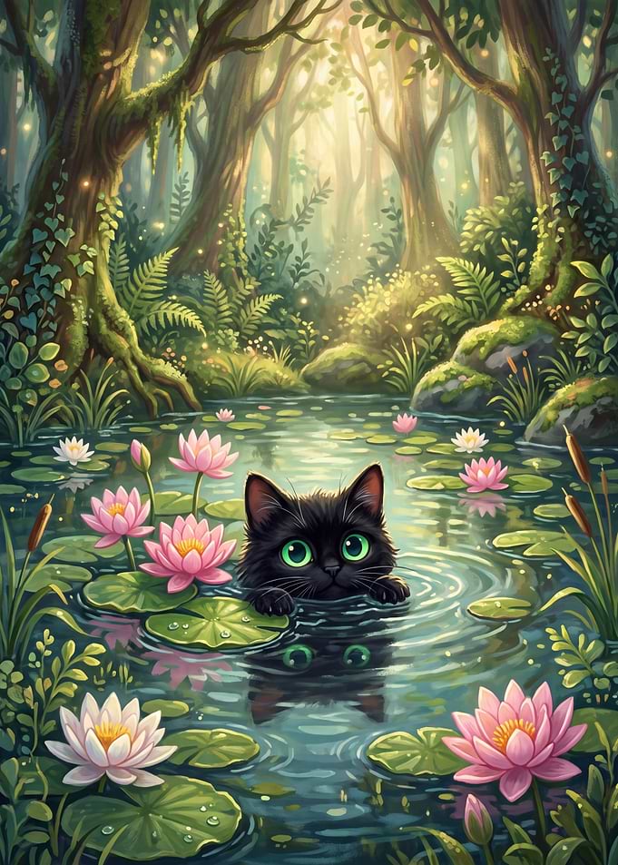 Black Cat in a Lily Pond