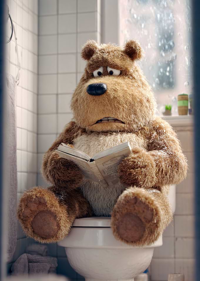Bear reading on a toilet