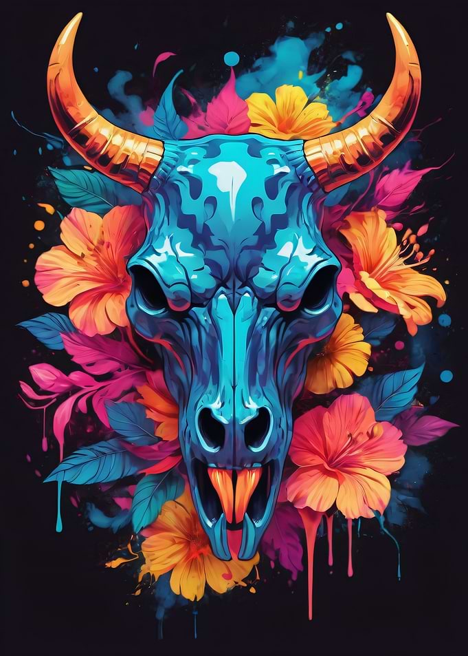 Vibrant Bull Skull with Tropical Flowers