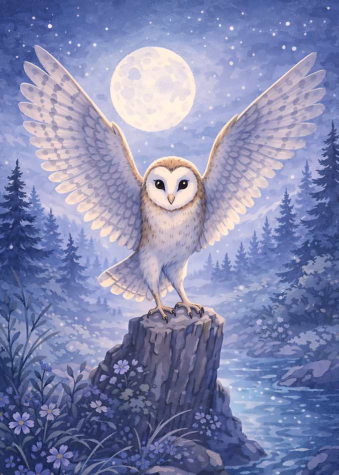 Barn Owl in Moonlight Forest