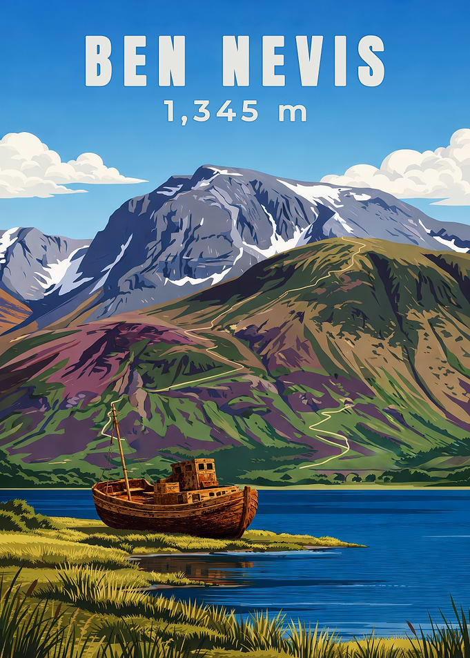 Majestic Ben Nevis Metal Poster - Scottish Highlands Retro Travel Art - Derelict Loch Trawler Ship