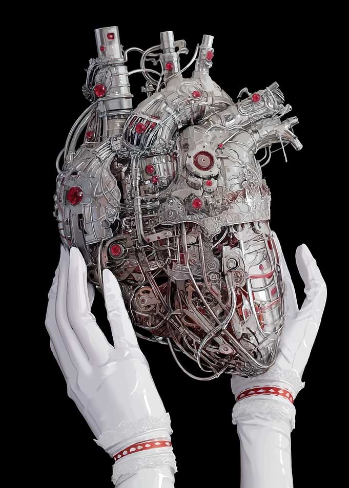 Mechanical Heart Held by White Gloves