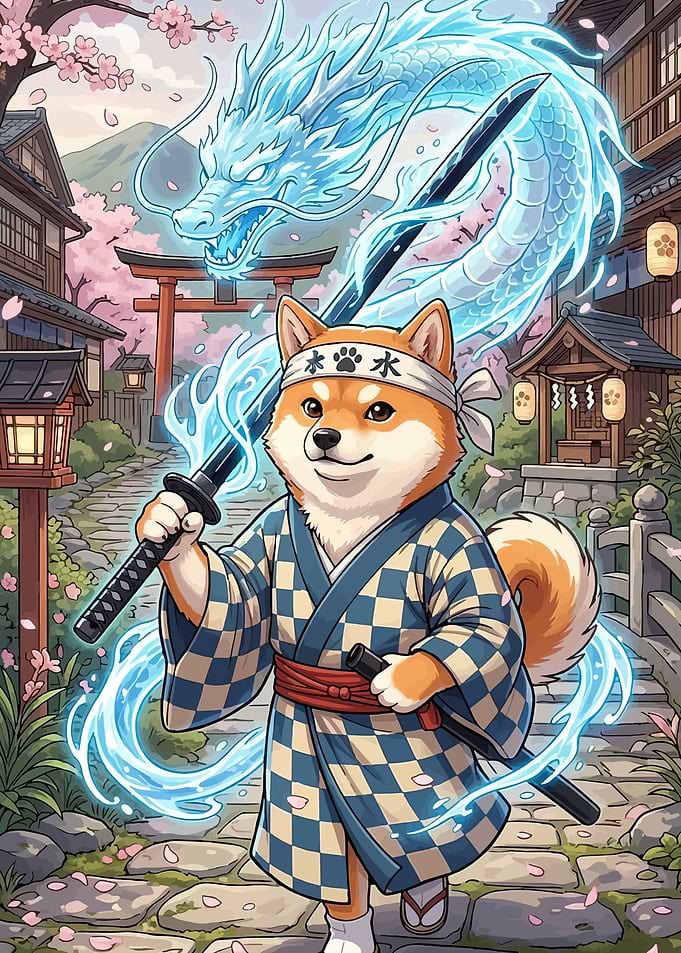 Shiba Inu Warrior with Dragon