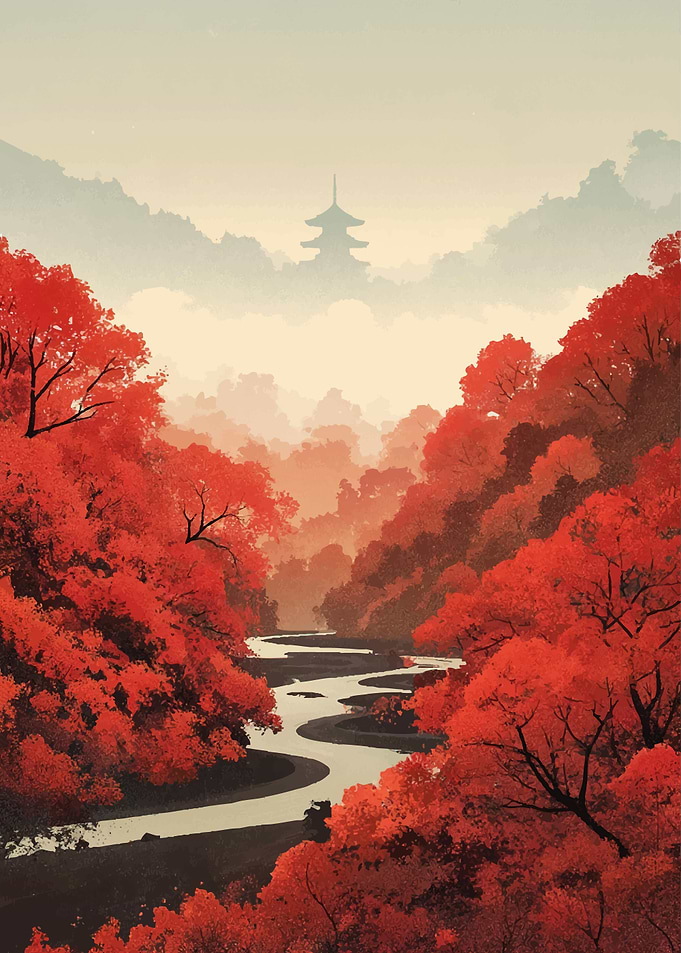 Autumn River Landscape with Pagoda