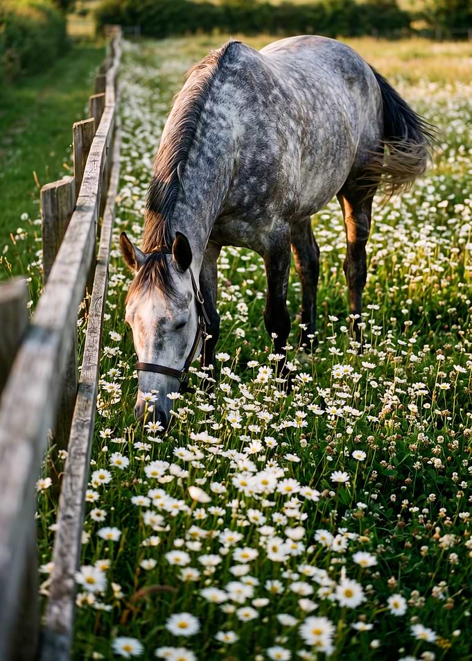 Horse grazing in a field of daisies