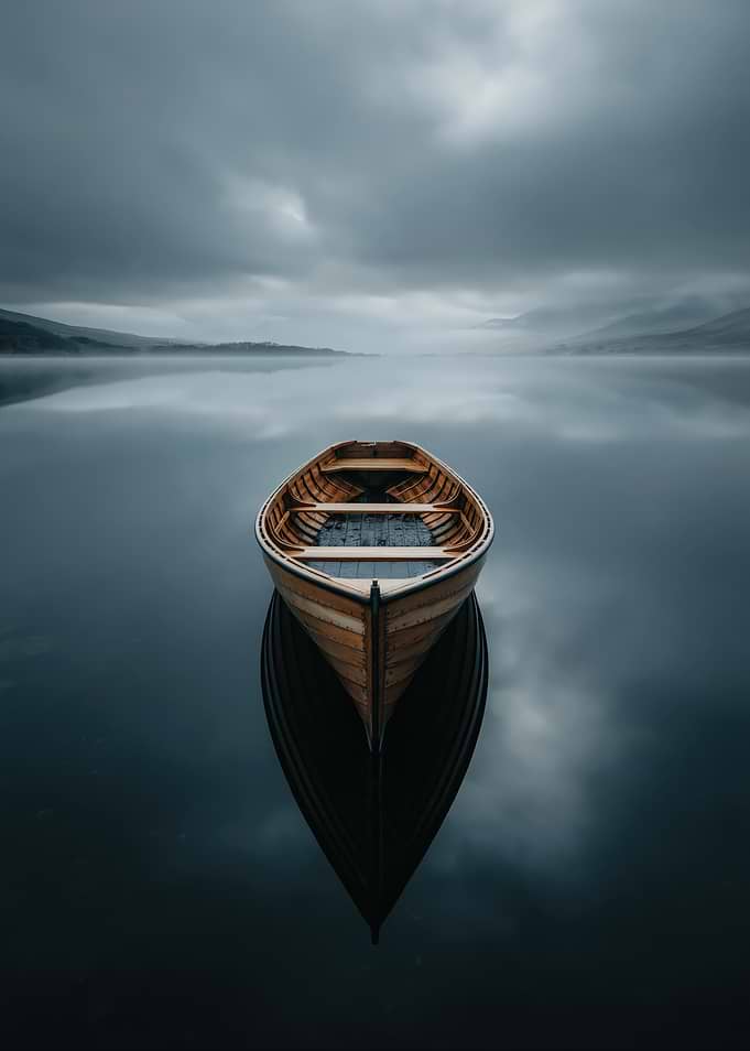 Lone Rowboat on a Misty Lake