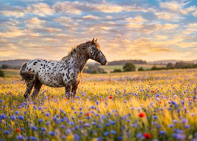 Appaloosa Horse in a Wildflower Field at Sunset