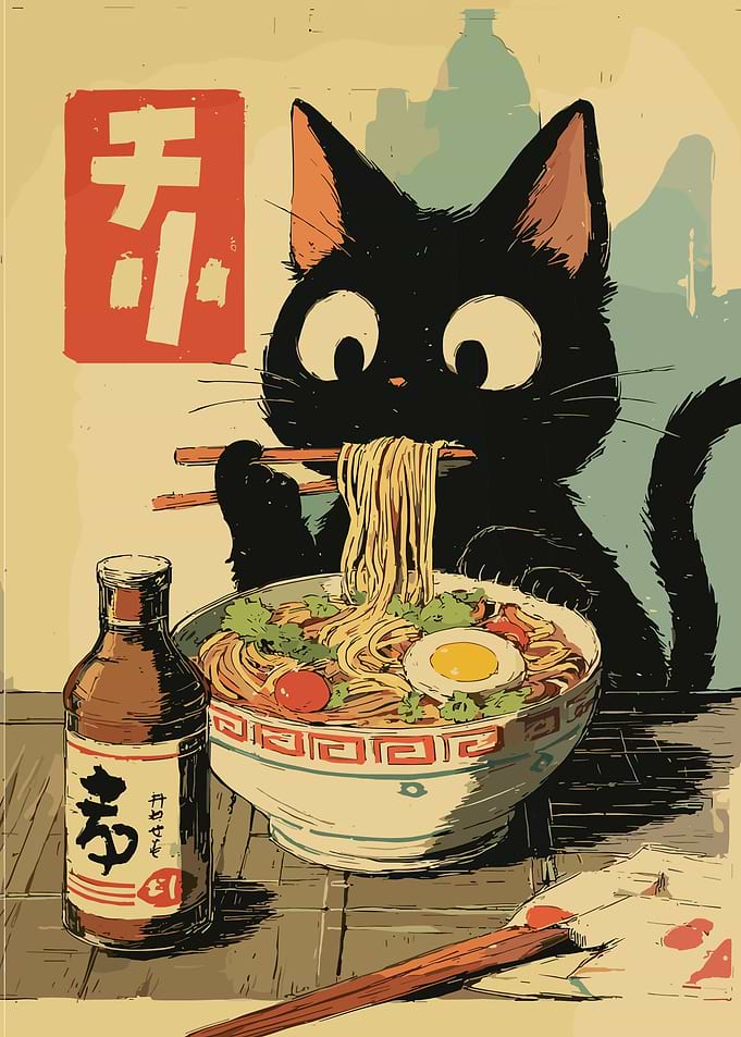 Ramen Cat Poster, Cute Black Cat Eating Noodles Art, Japanese Cozy City Wall Print