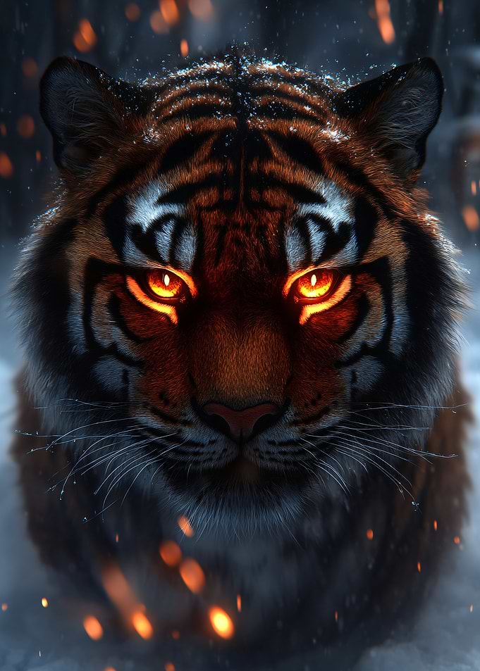 Tiger with Glowing Eyes in Snow