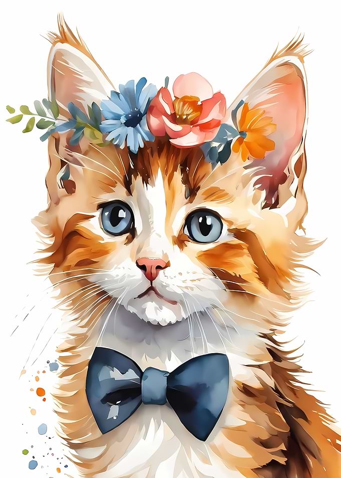 Cute Kitten with Flower Crown and Bowtie