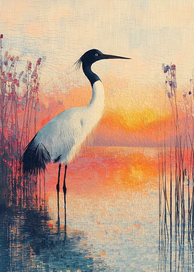 Crane by the Water at Sunset