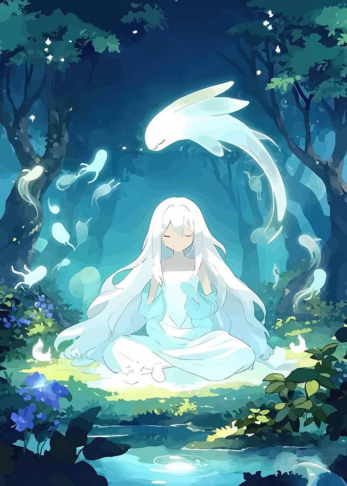 Girl Meditating with Spirits in Forest