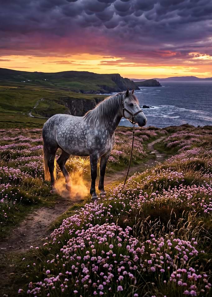 Horse in a field at sunset