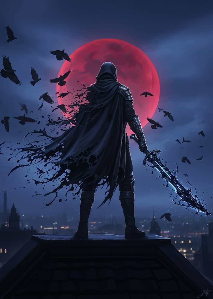 Dark Warrior Under Red Moon