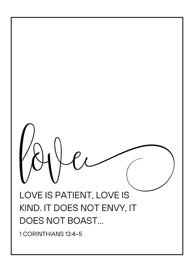 Minimalist Love Bible Verse Poster – 1 Corinthians 13:4-5 Scripture Wall Art, Black & White Typography Print