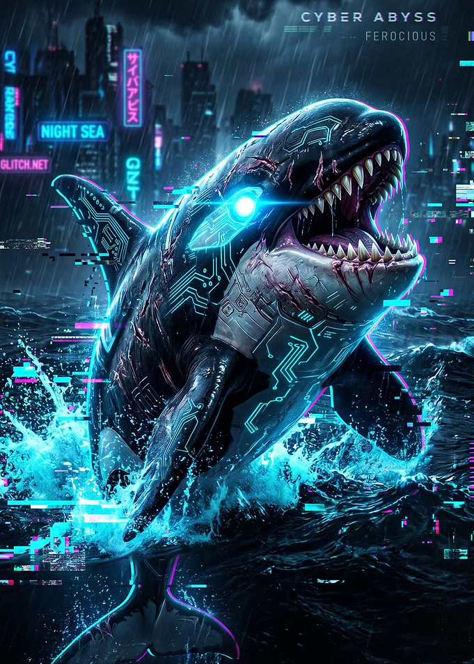 Cyberpunk Orca Attack – Neon Glitch Ocean Beast