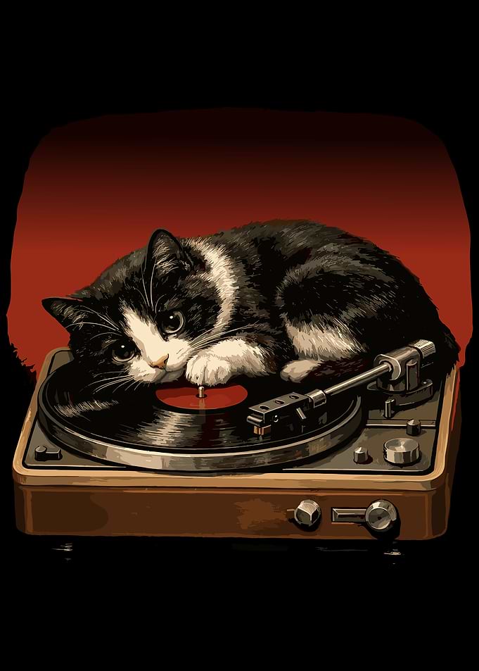 Vinyl Cat Poster, Vintage Record Player Wall Art, Moody Music Lover Print