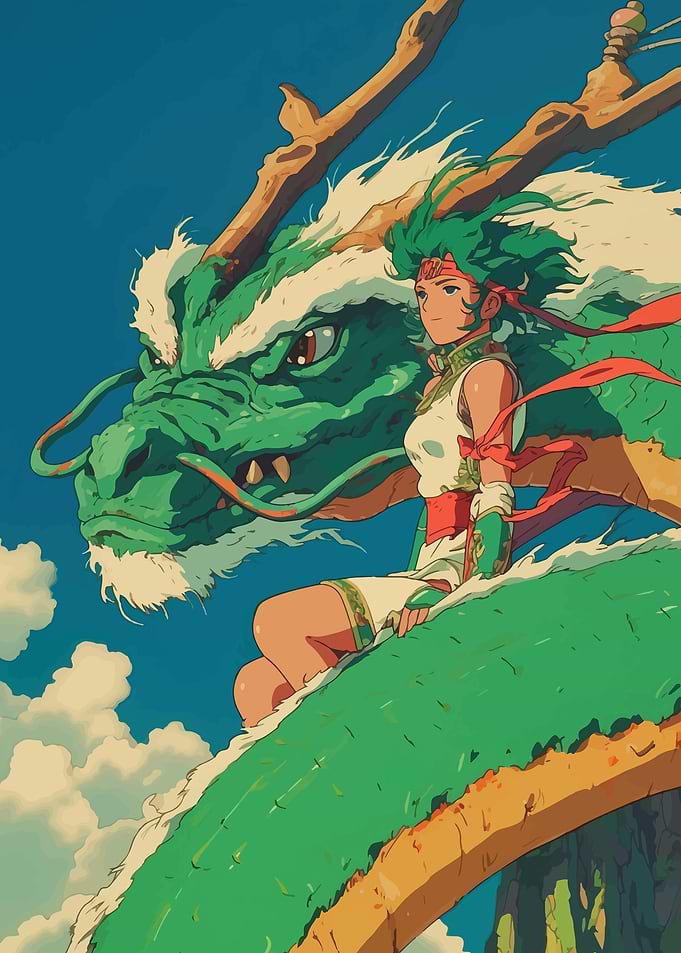 Girl Riding a Green Dragon
