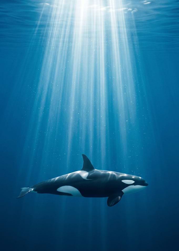 Orca Whale Underwater Sun Rays – Deep Ocean Wildlife Art