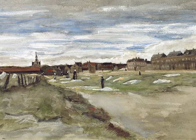 Village scene with laundry and church