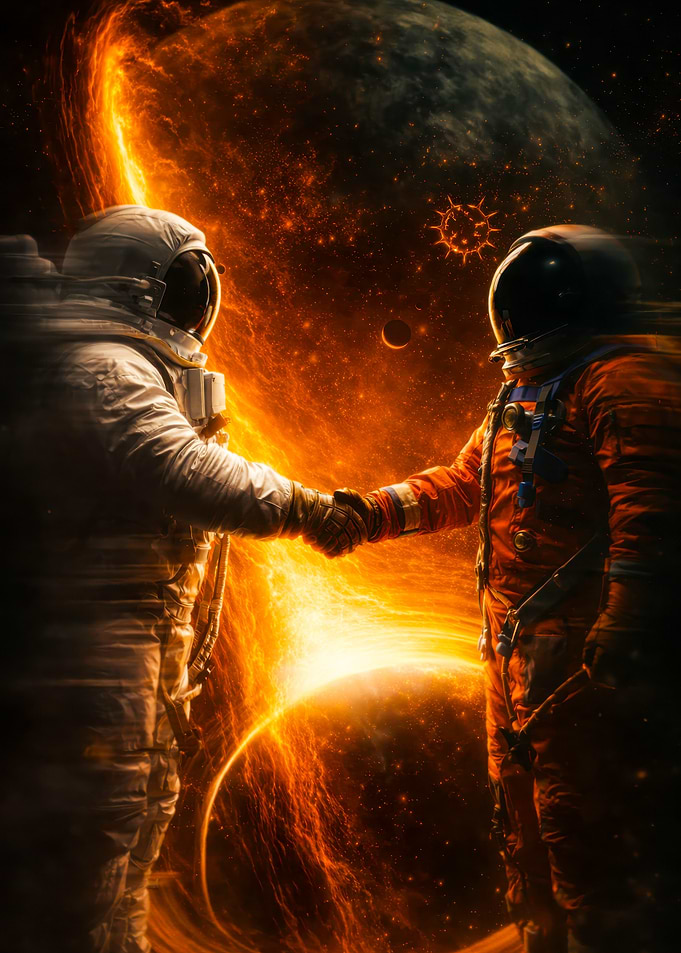 Astronauts Shaking Hands in Space