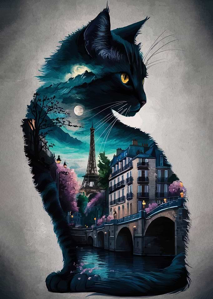 Black Cat with Paris Cityscape