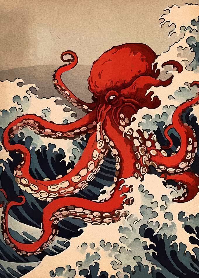 Red Octopus in Japanese Waves