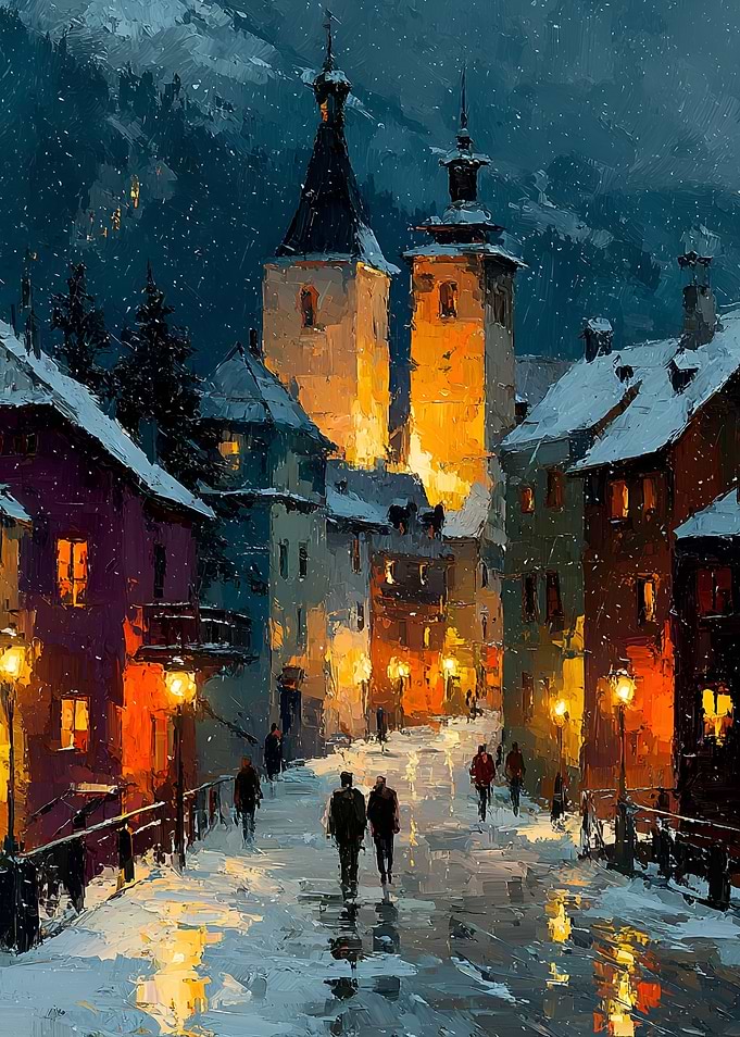 Snowy European Village at Night