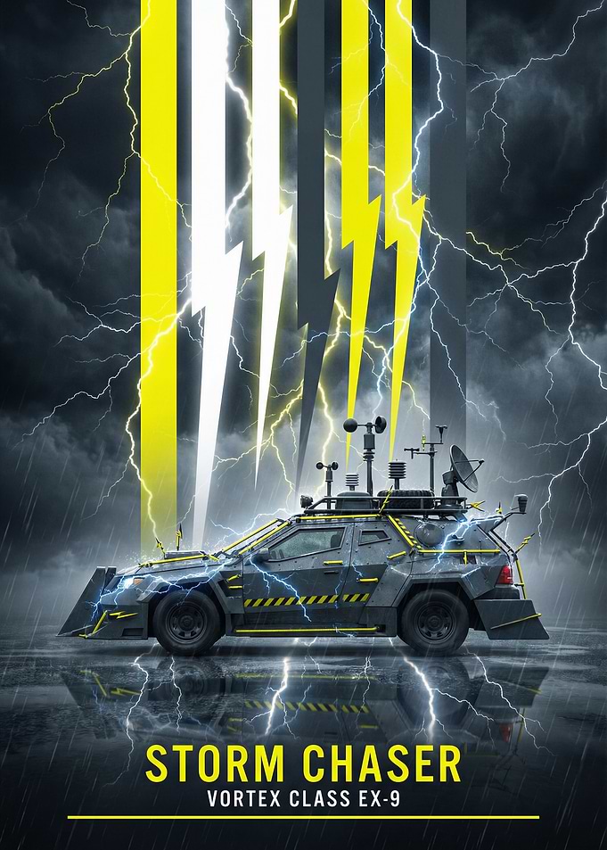 Storm Chaser Vehicle in Lightning Storm