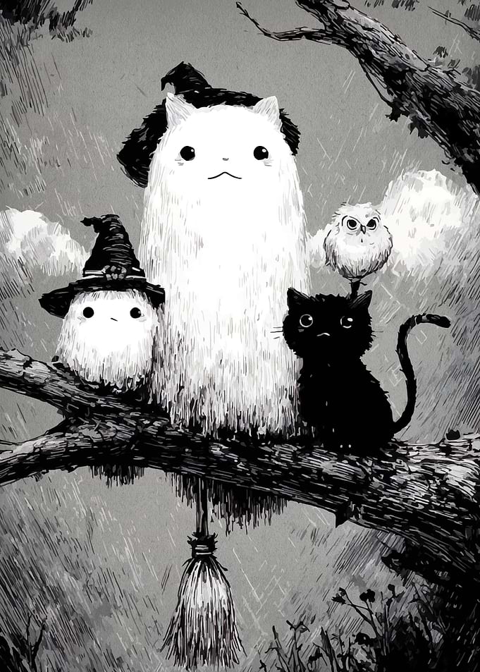 Whimsical Halloween Cats and Owl on a Branch