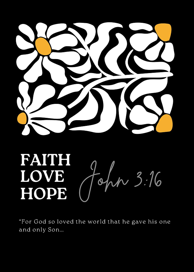 Faith Love Hope Floral Wall Art – John 3:16 Christian Scripture Design