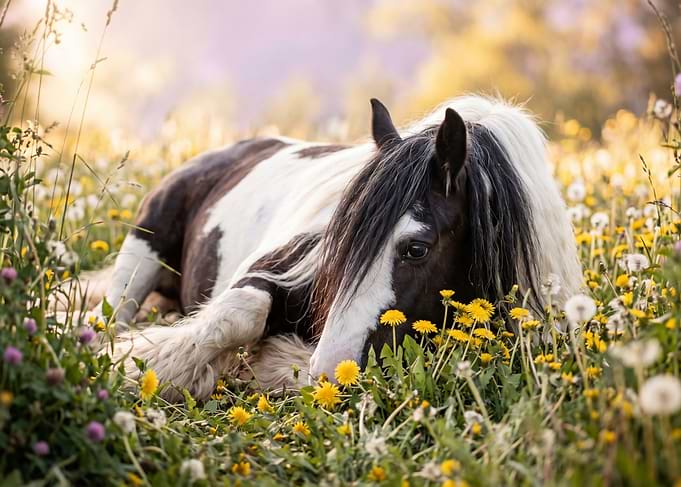 Horse Resting in a Field of Flowers