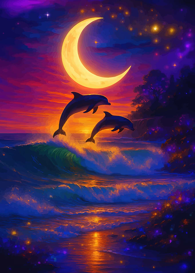 Dolphins Jumping Under a Crescent Moon