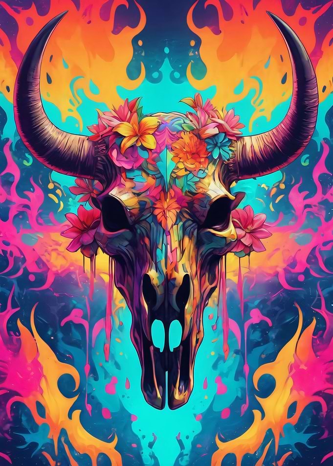 Vibrant Skull with Flowers and Flames