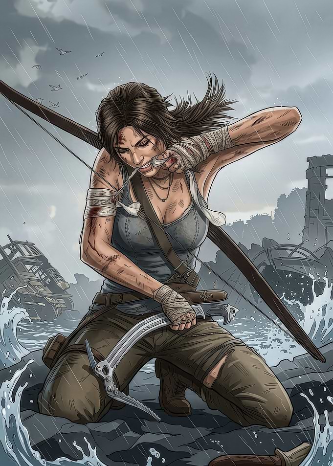 Lara Croft in a Stormy Environment