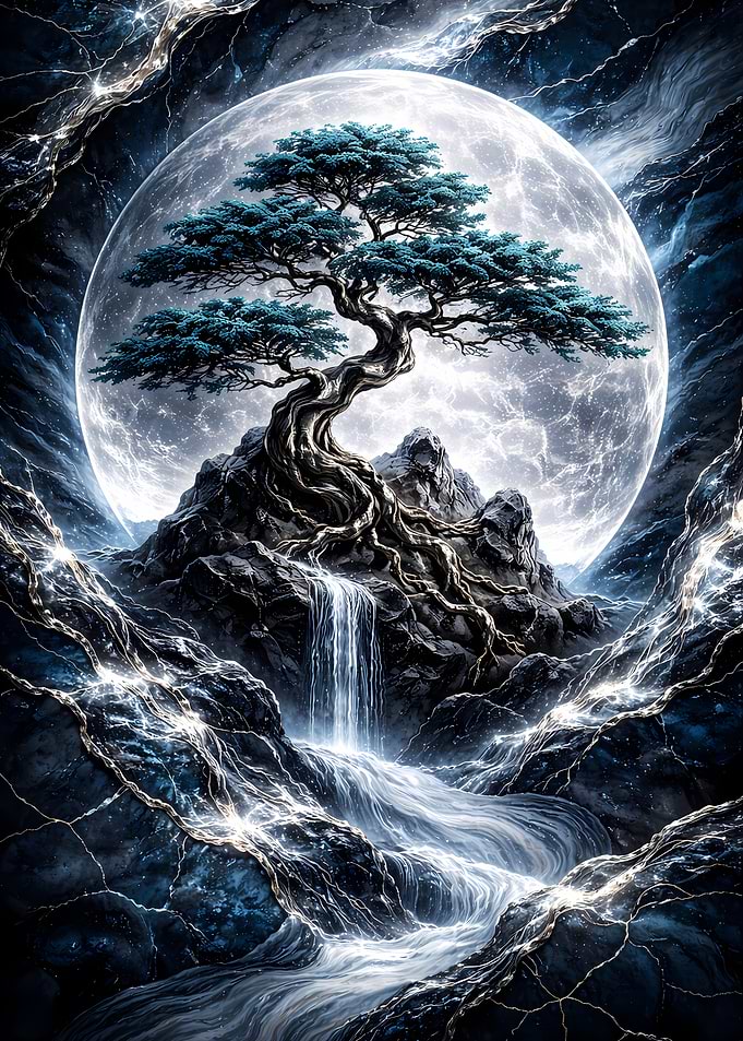 Enchanted Moonlit Bonsai Waterfall